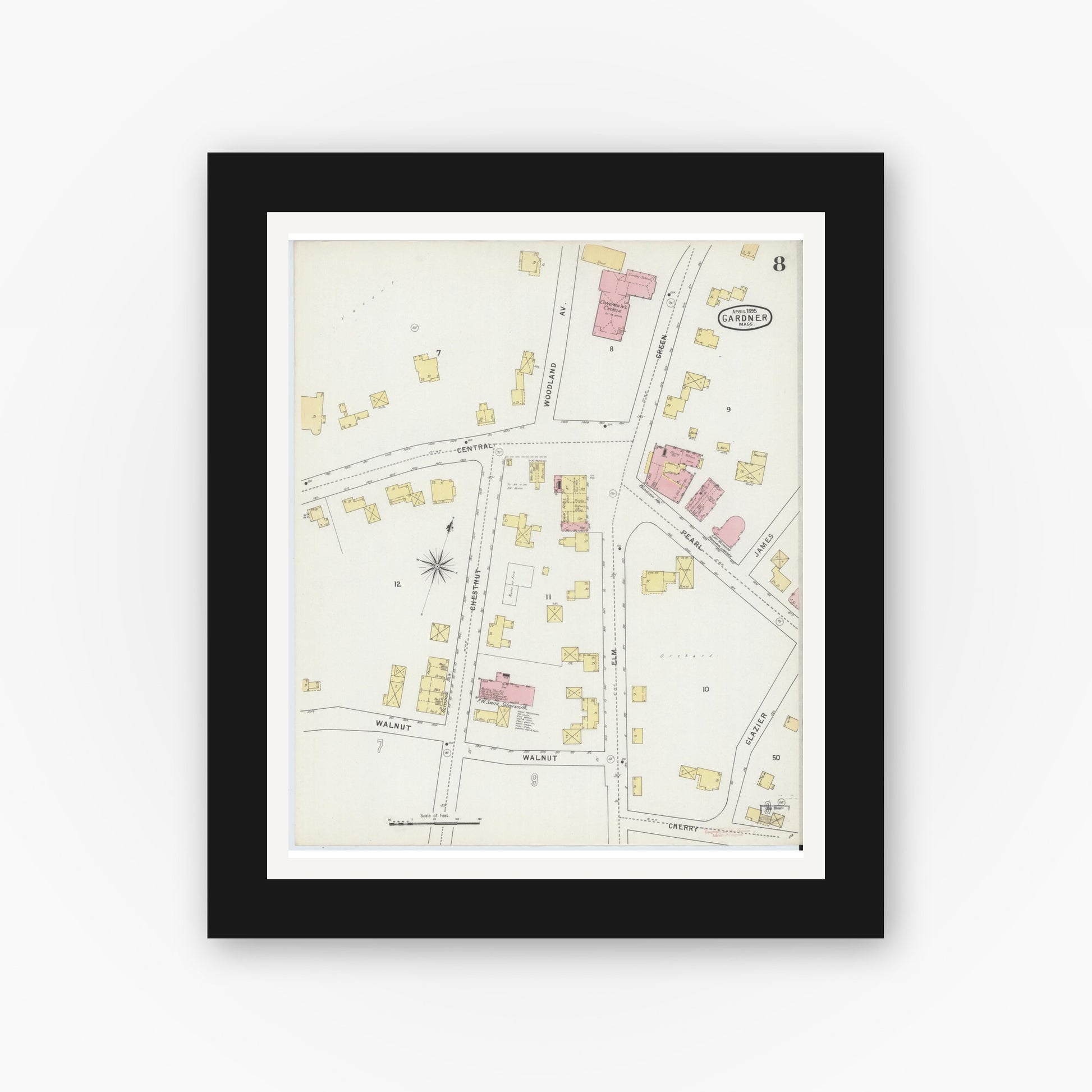 Old map wall art mockup — black gallery frame with white mat — Sanborn Fire Insurance Map from Gardner, Worcester County, Massachusetts (1895), Sheet #0008