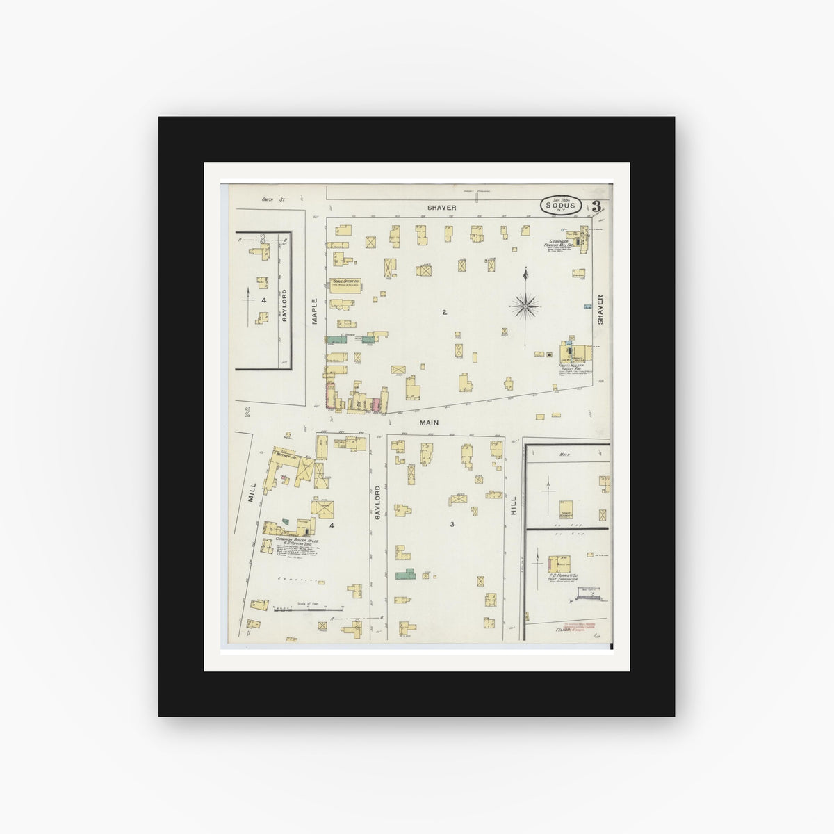 Old map wall art mockup — black gallery frame with white mat — Sanborn Fire Insurance Map from Sodus, Wayne County, New York (1894), Sheet #0003