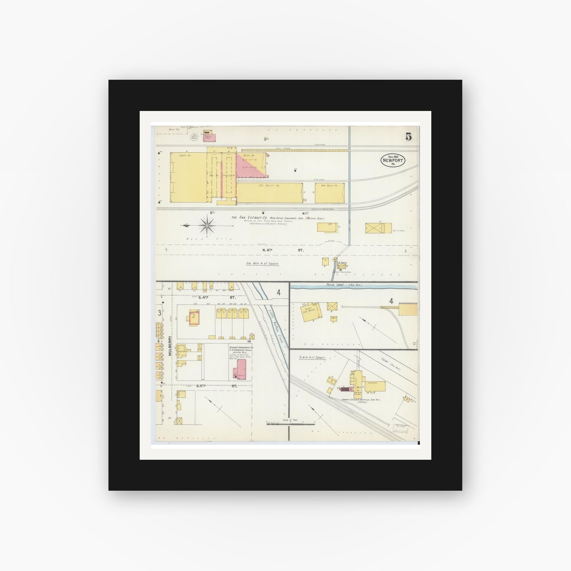 Old map wall art mockup — black gallery frame with white mat — Sanborn Fire Insurance Map from Newport, Perry County, Pennsylvania (1902), Sheet #0005