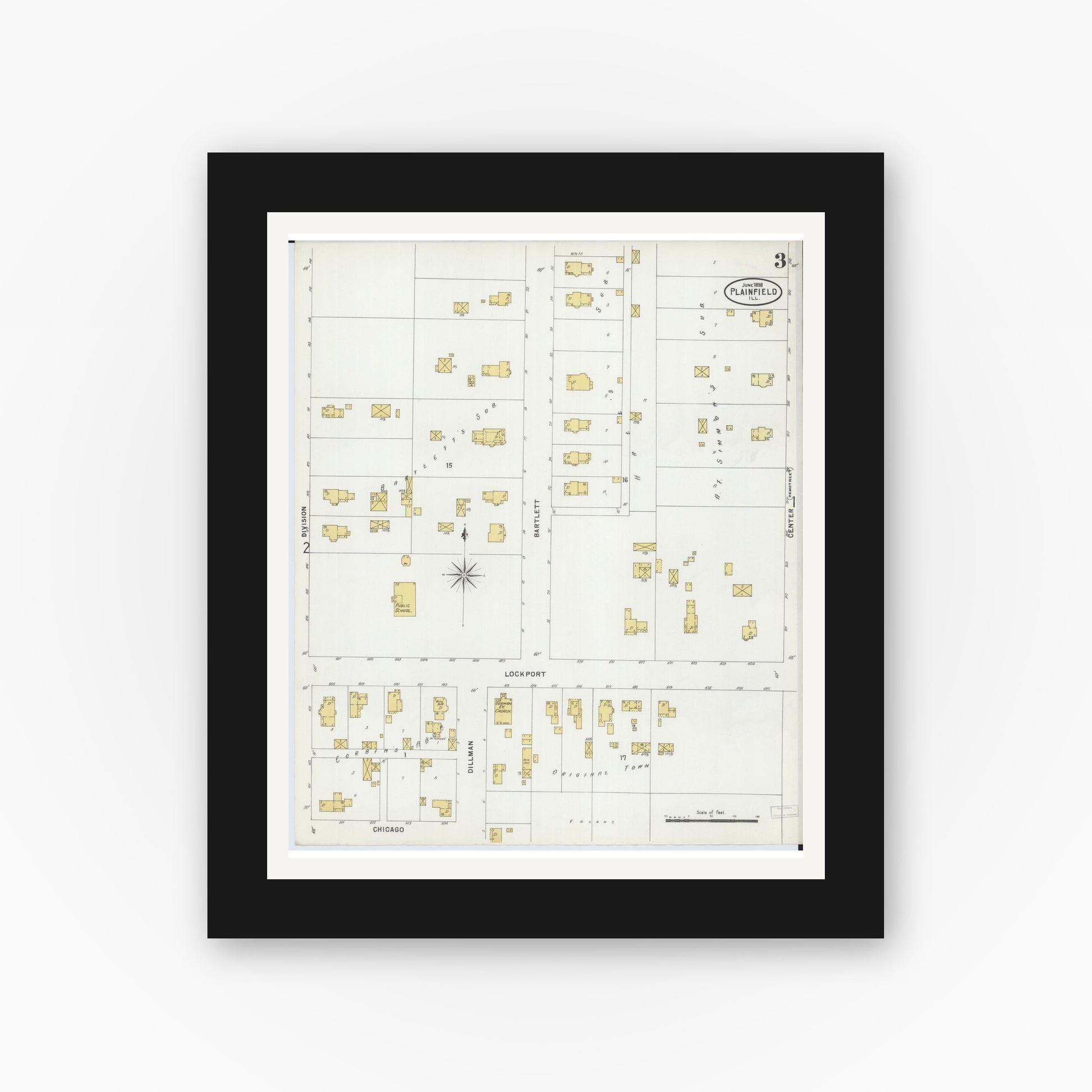 Old map wall art mockup — black gallery frame with white mat — Sanborn Fire Insurance Map from Plainfield, Will County, Illinois (1898), Sheet #0003
