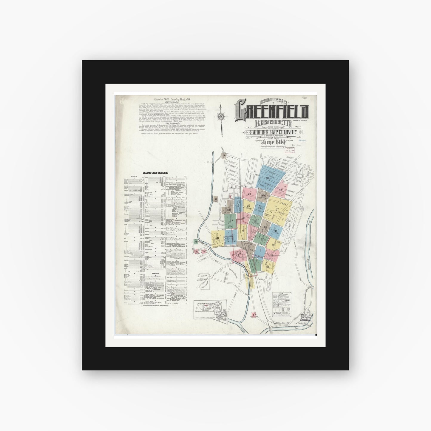 Old map wall art mockup — black gallery frame with white mat — Sanborn Fire Insurance Map from Greenfield, Franklin County, Massachusetts (1914) - Complete Map Set