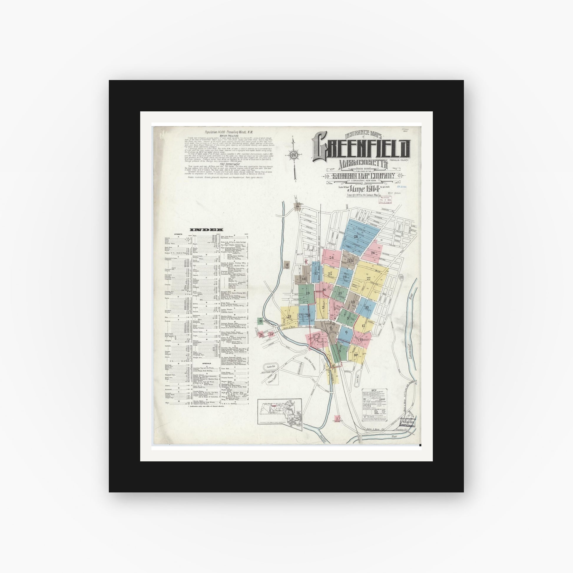 Old map wall art mockup — black gallery frame with white mat — Sanborn Fire Insurance Map from Greenfield, Franklin County, Massachusetts (1914) - Complete Map Set