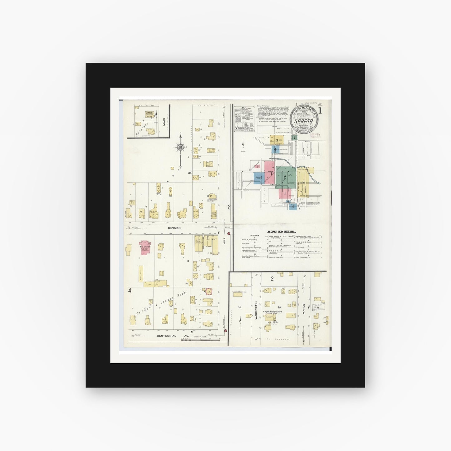 Old map wall art mockup — black gallery frame with white mat — Sanborn Fire Insurance Map from Sparta, Kent County, Michigan (1910), Sheet #0001