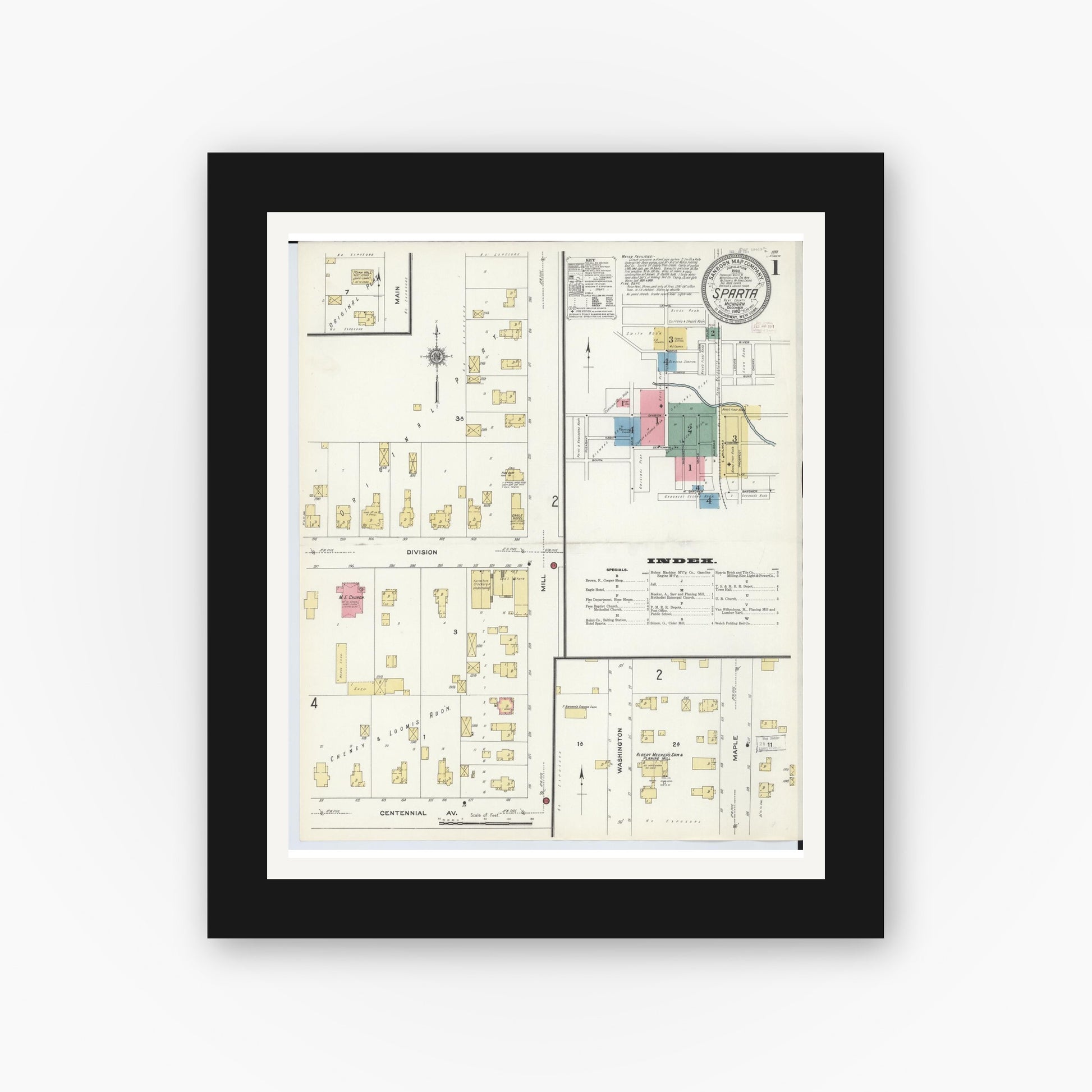 Old map wall art mockup — black gallery frame with white mat — Sanborn Fire Insurance Map from Sparta, Kent County, Michigan (1910), Sheet #0001