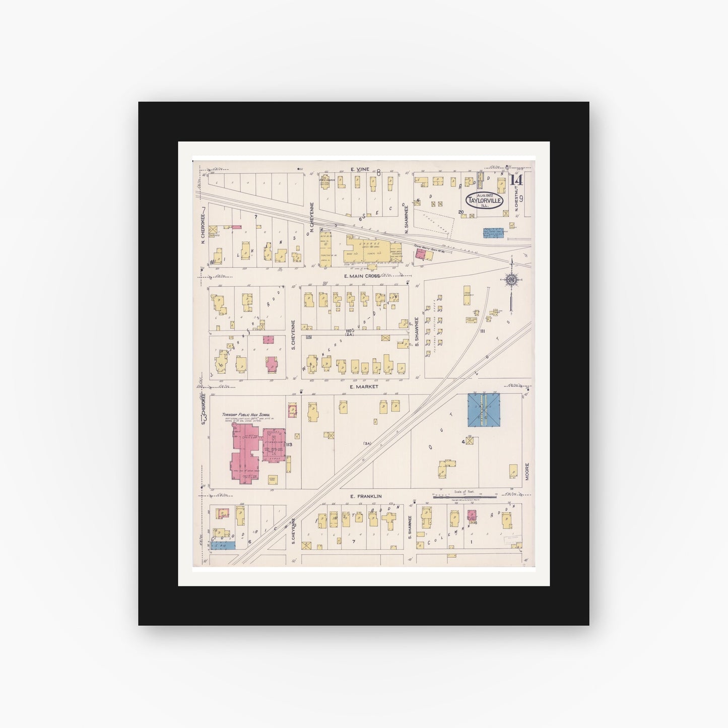 Old map wall art mockup — black gallery frame with white mat — Sanborn Fire Insurance Map from Taylorville, Christian County, Illinois (1922), Sheet #0014