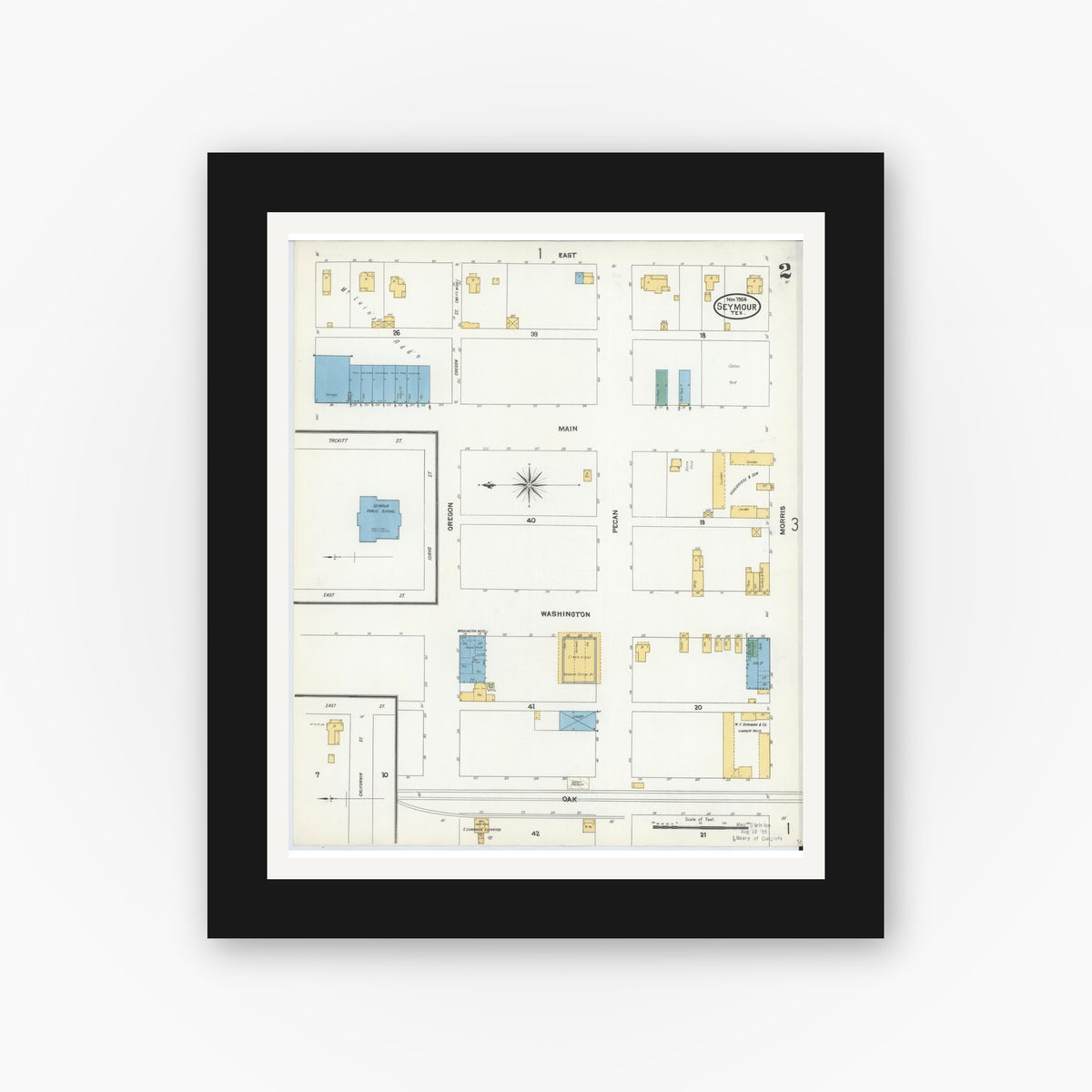 Old map wall art mockup — black gallery frame with white mat — Sanborn Fire Insurance Map from Seymour, Baylor County, Texas (1904), Sheet #0002