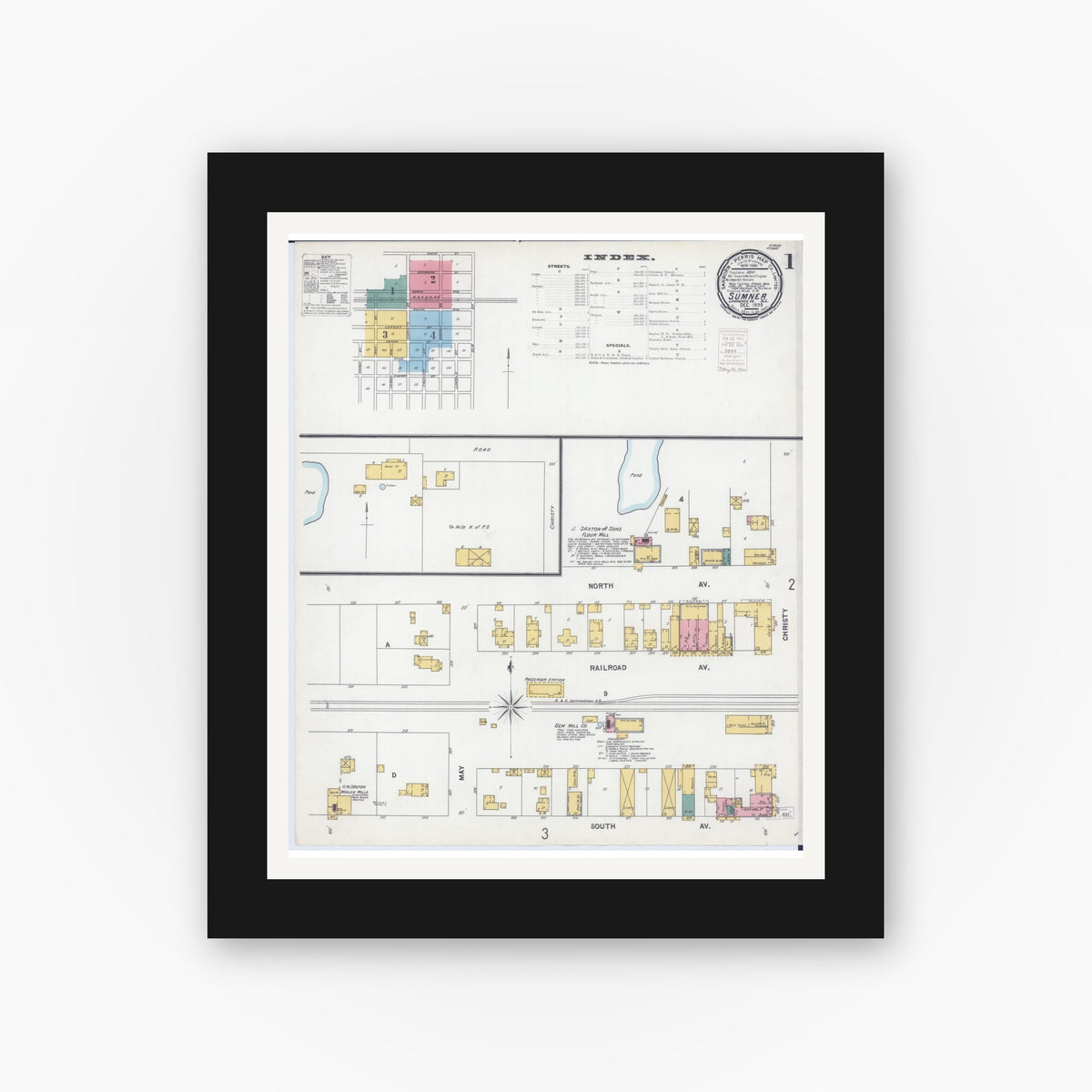 Old map wall art mockup — black gallery frame with white mat — Sanborn Fire Insurance Map from Sumner, Lawrence County, Illinois (1899), Sheet #0001