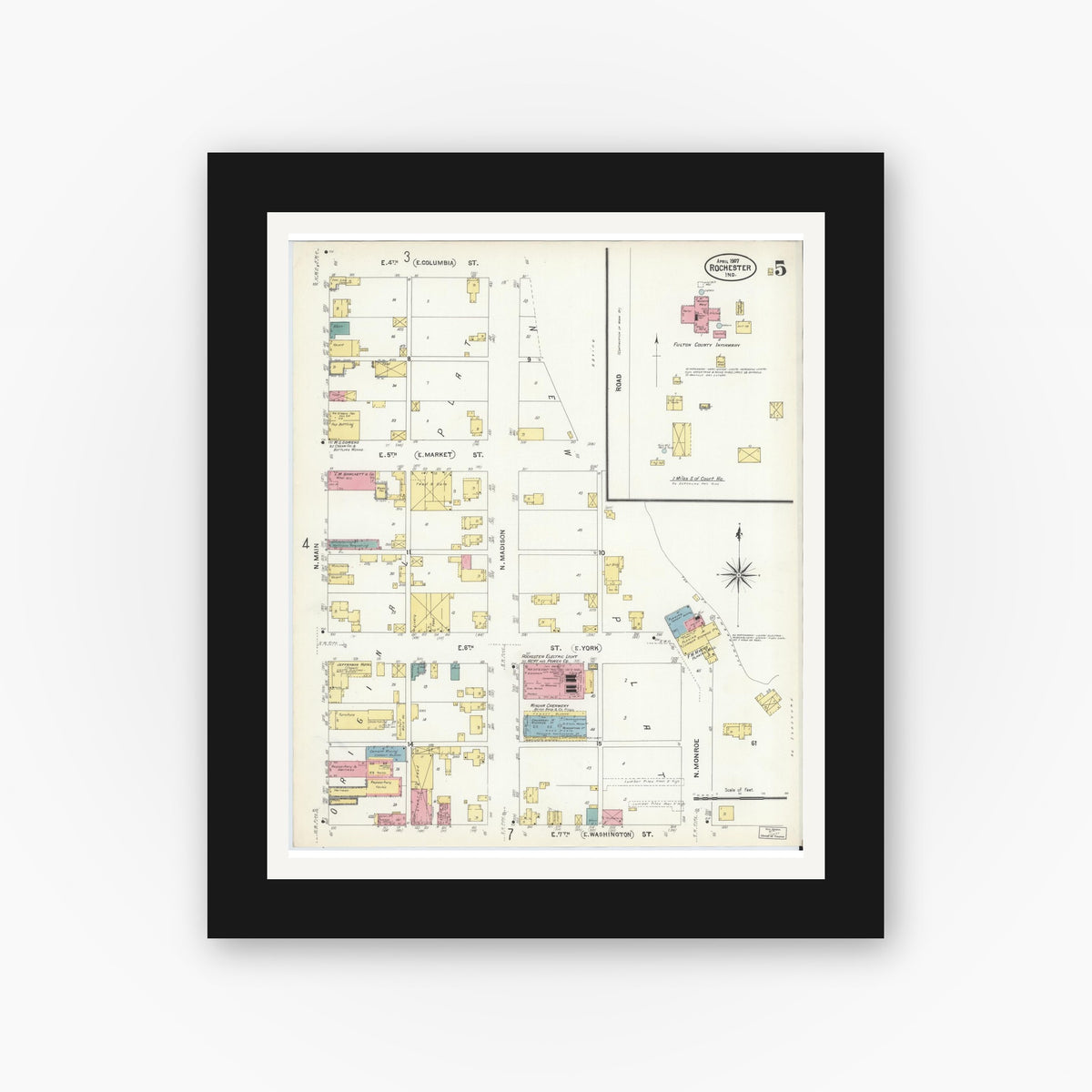 Old map wall art mockup — black gallery frame with white mat — Sanborn Fire Insurance Map from Rochester, Fulton County, Indiana (1907), Sheet #0005