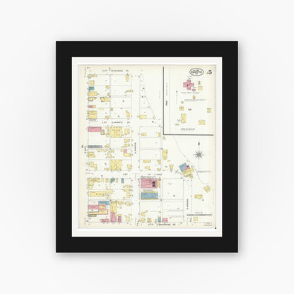 Old map wall art mockup — black gallery frame with white mat — Sanborn Fire Insurance Map from Rochester, Fulton County, Indiana (1907), Sheet #0005