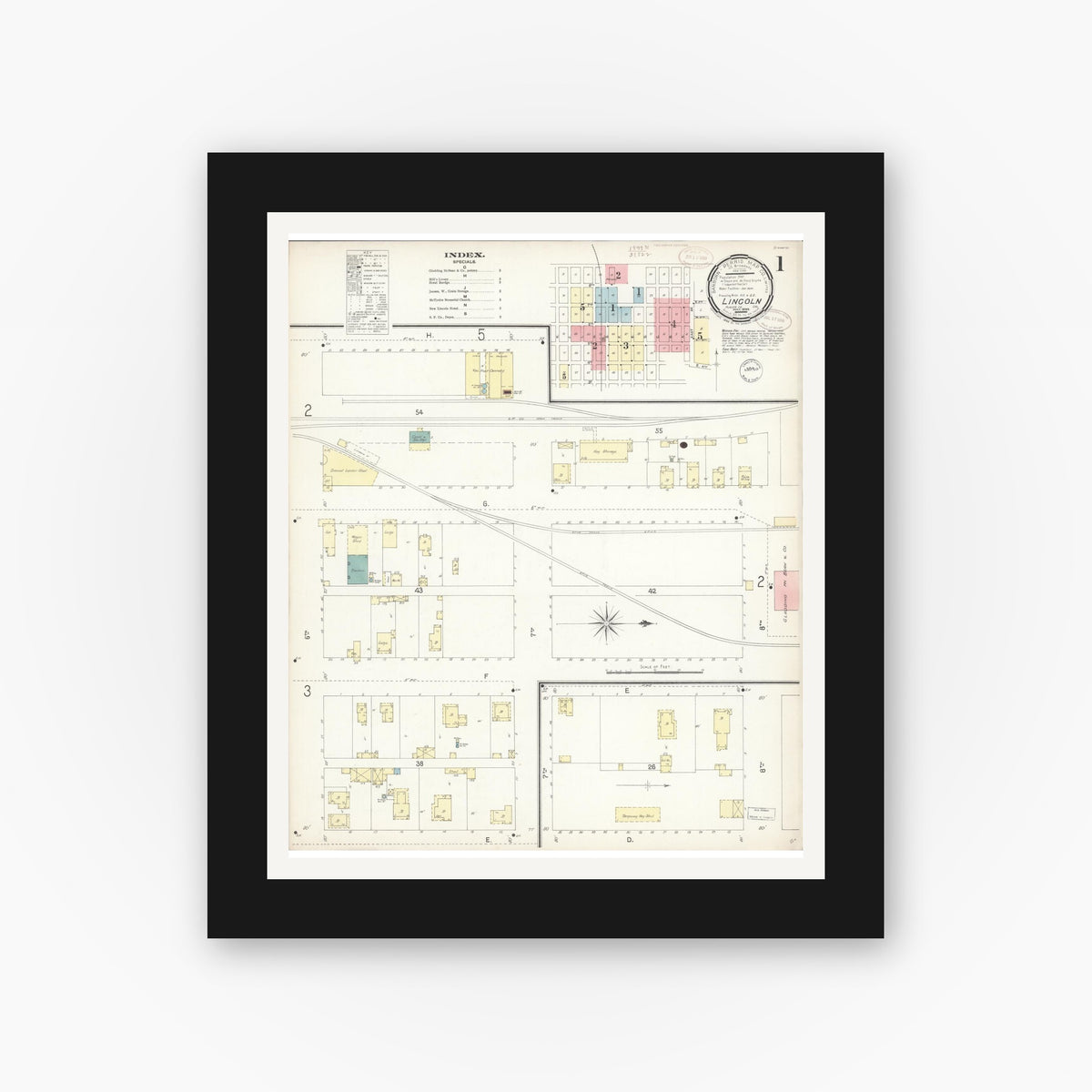 Old map wall art mockup — black gallery frame with white mat — Sanborn Fire Insurance Map from Lincoln, Placer County, California (1899) - Complete Map Set