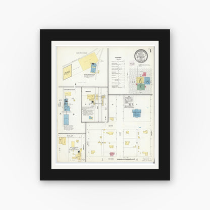 Old map wall art mockup — black gallery frame with white mat — Sanborn Fire Insurance Map from Seymour, Baylor County, Texas (1908), Sheet #0001