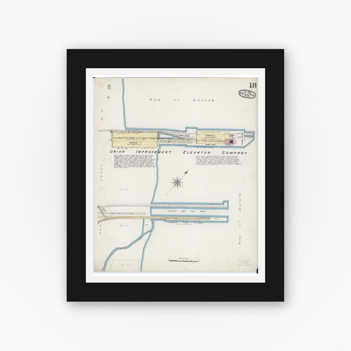 Old map wall art mockup — black gallery frame with white mat — Sanborn Fire Insurance Map from Duluth, Saint Louis County, Minnesota (1885), Sheet #0018