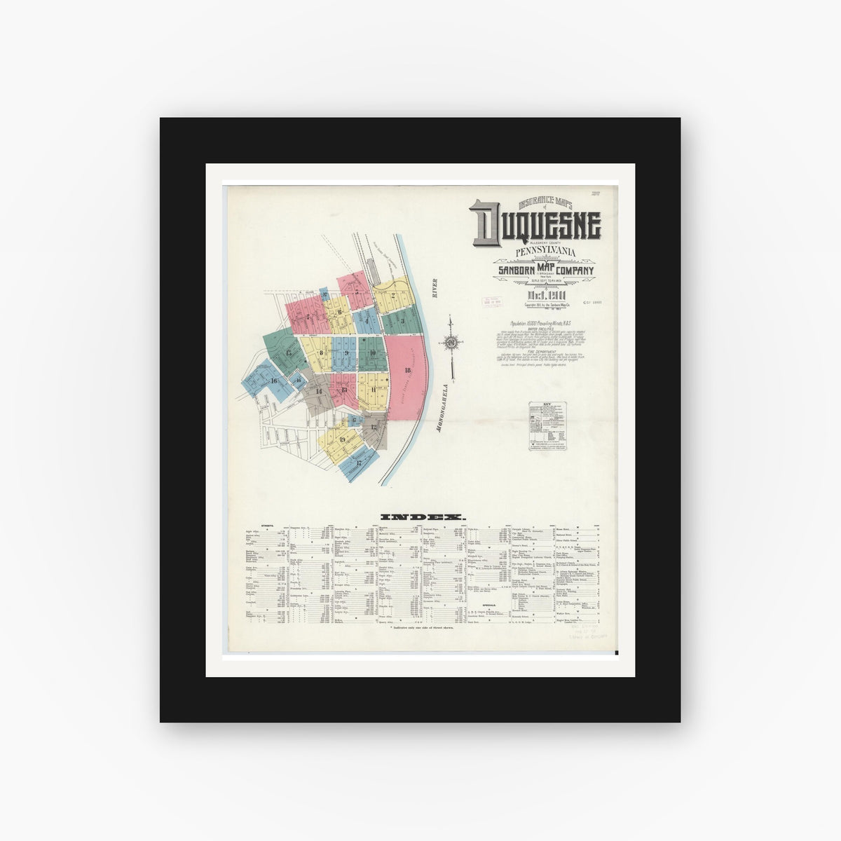 Old map wall art mockup — black gallery frame with white mat — Sanborn Fire Insurance Map from Duquesne, Allegheny County, Pennsylvania (1911) - Complete Map Set