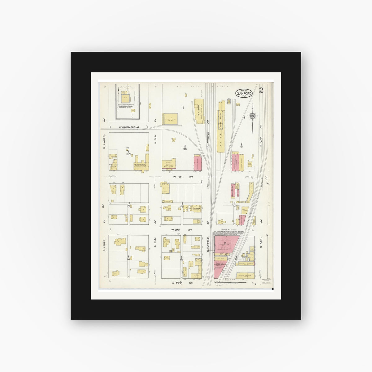 Old map wall art mockup — black gallery frame with white mat — Sanborn Fire Insurance Map from Sanford, Seminole County, Florida (1917), Sheet #0002
