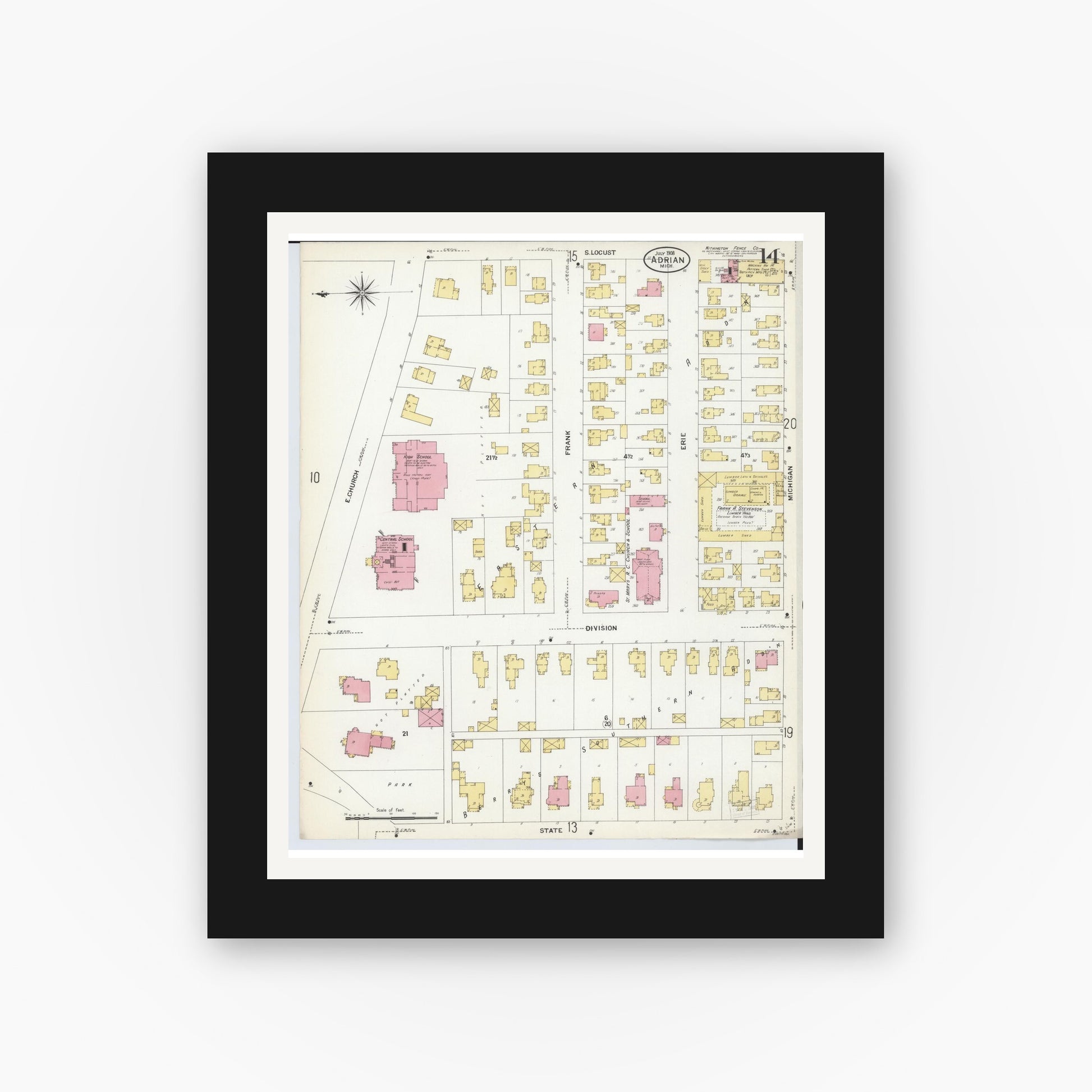 Old map wall art mockup — black gallery frame with white mat — Sanborn Fire Insurance Map from Adrian, Lenawee County, Michigan (1908), Sheet #0014