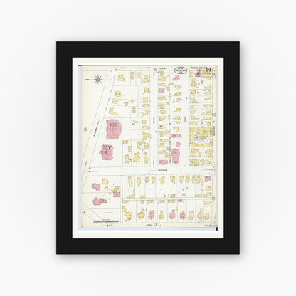 Old map wall art mockup — black gallery frame with white mat — Sanborn Fire Insurance Map from Adrian, Lenawee County, Michigan (1908), Sheet #0014