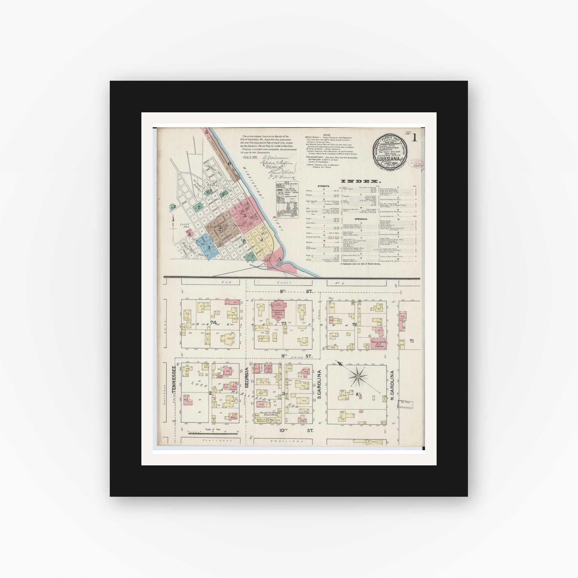 Old map wall art mockup — black gallery frame with white mat — Sanborn Fire Insurance Map from Louisiana, Pike County, Missouri (1890), Sheet #0001