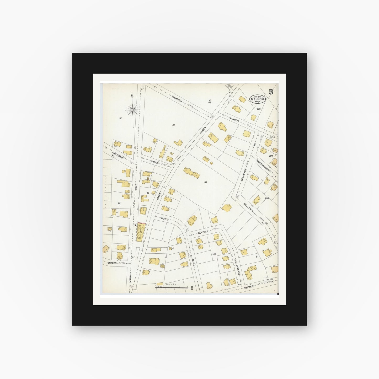 Old map wall art mockup — black gallery frame with white mat — Sanborn Fire Insurance Map from Melrose, Middlesex County, Massachusetts (1903), Sheet #0005
