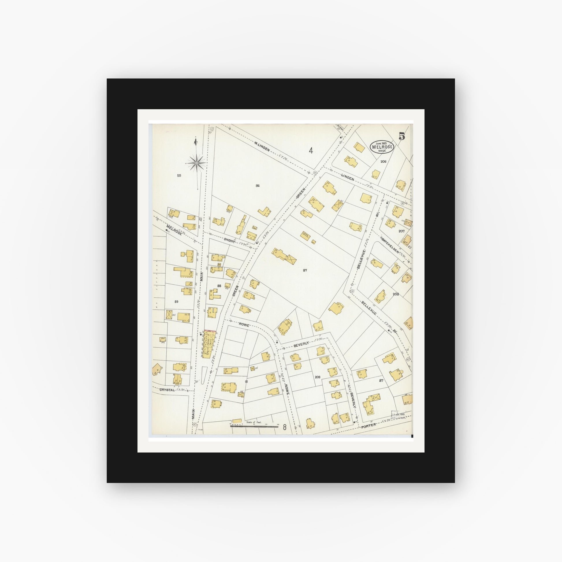 Old map wall art mockup — black gallery frame with white mat — Sanborn Fire Insurance Map from Melrose, Middlesex County, Massachusetts (1903), Sheet #0005