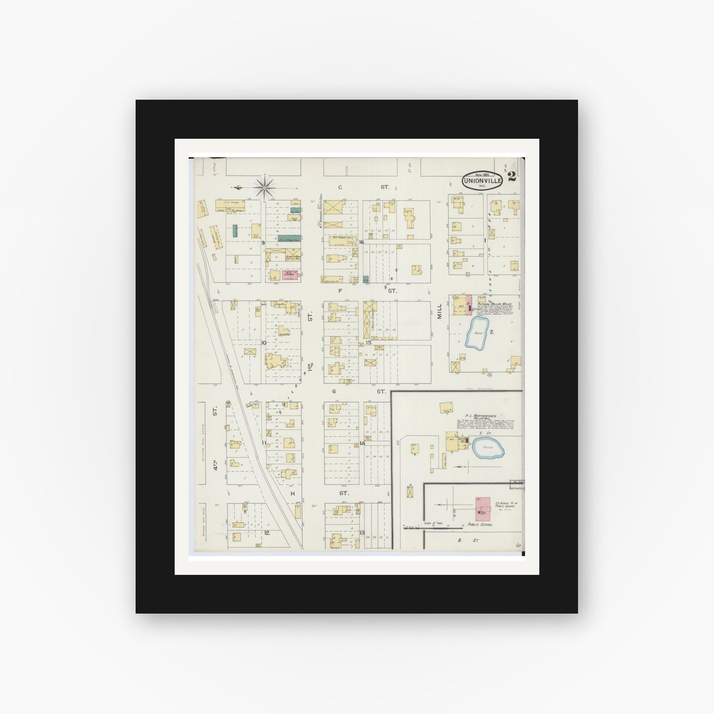Old map wall art mockup — black gallery frame with white mat — Sanborn Fire Insurance Map from Unionville, Putnam County, Missouri (1893), Sheet #0002