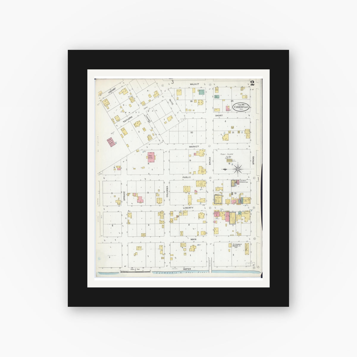 Old map wall art mockup — black gallery frame with white mat — Sanborn Fire Insurance Map from Evansville, Randolph County, Illinois (1906), Sheet #0002