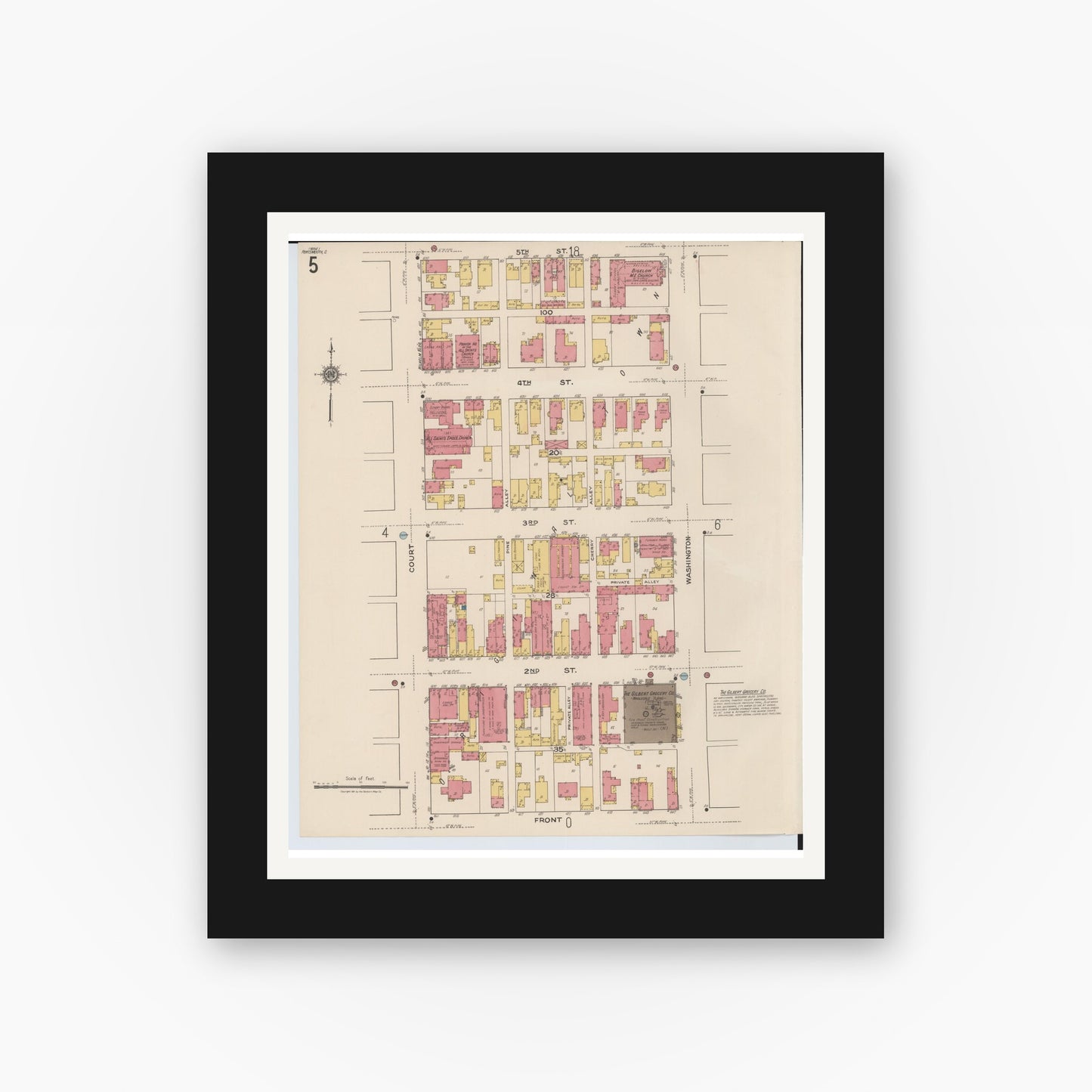 Old map wall art mockup — black gallery frame with white mat — Sanborn Fire Insurance Map from Portsmouth, Scioto County, Ohio (1921), Sheet #0005