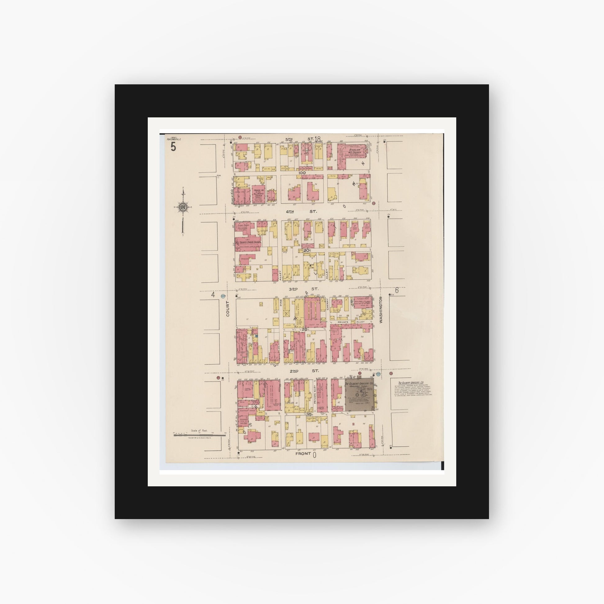 Old map wall art mockup — black gallery frame with white mat — Sanborn Fire Insurance Map from Portsmouth, Scioto County, Ohio (1921), Sheet #0005