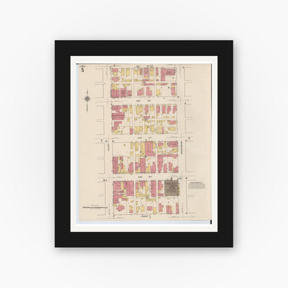 Old map wall art mockup — black gallery frame with white mat — Sanborn Fire Insurance Map from Portsmouth, Scioto County, Ohio (1921), Sheet #0005