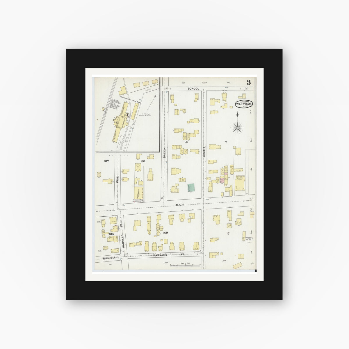 Old map wall art mockup — black gallery frame with white mat — Sanborn Fire Insurance Map from Waltham, Middlesex County, Massachusetts (1892), Sheet #0003