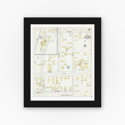 Old map wall art mockup — black gallery frame with white mat — Sanborn Fire Insurance Map from Waltham, Middlesex County, Massachusetts (1892), Sheet #0003