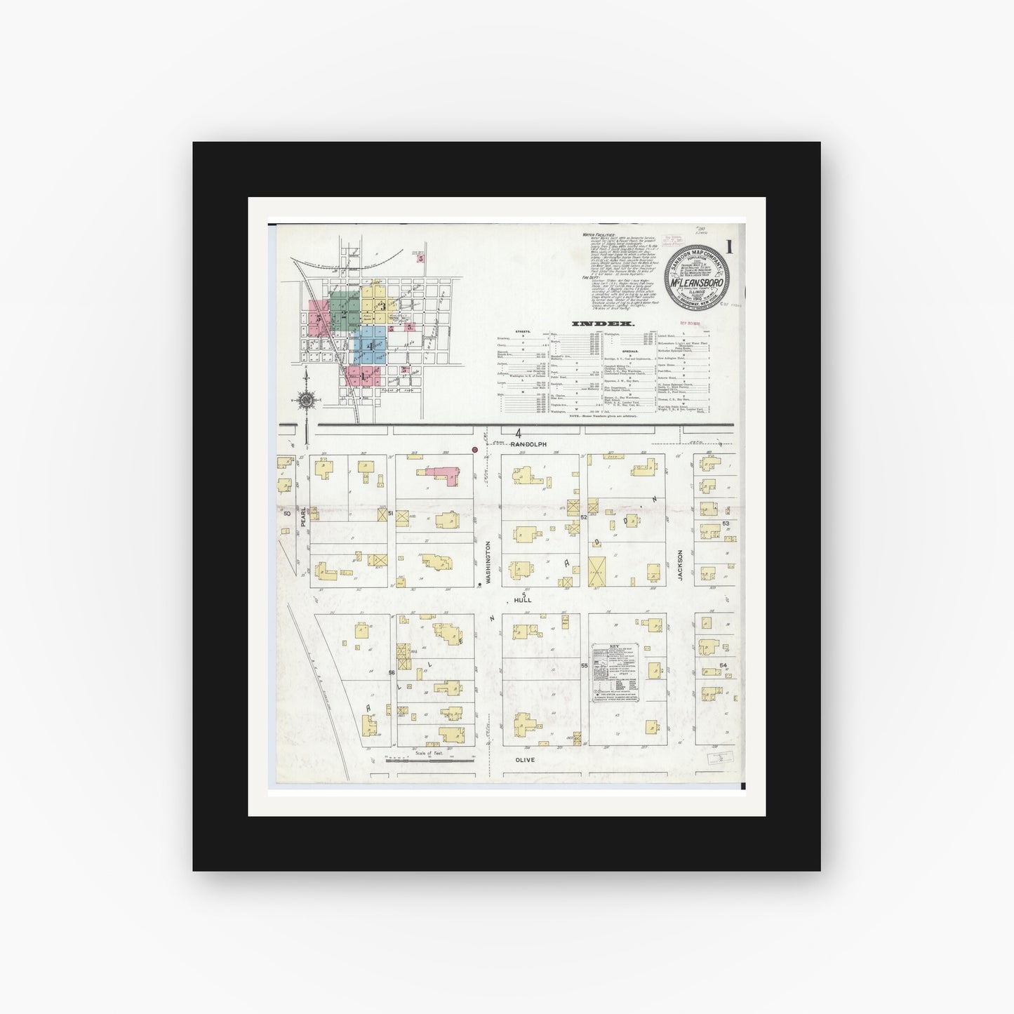 Old map wall art mockup — black gallery frame with white mat — Sanborn Fire Insurance Map from Mcleansboro, Hamilton County, Illinois (1910), Sheet #0001