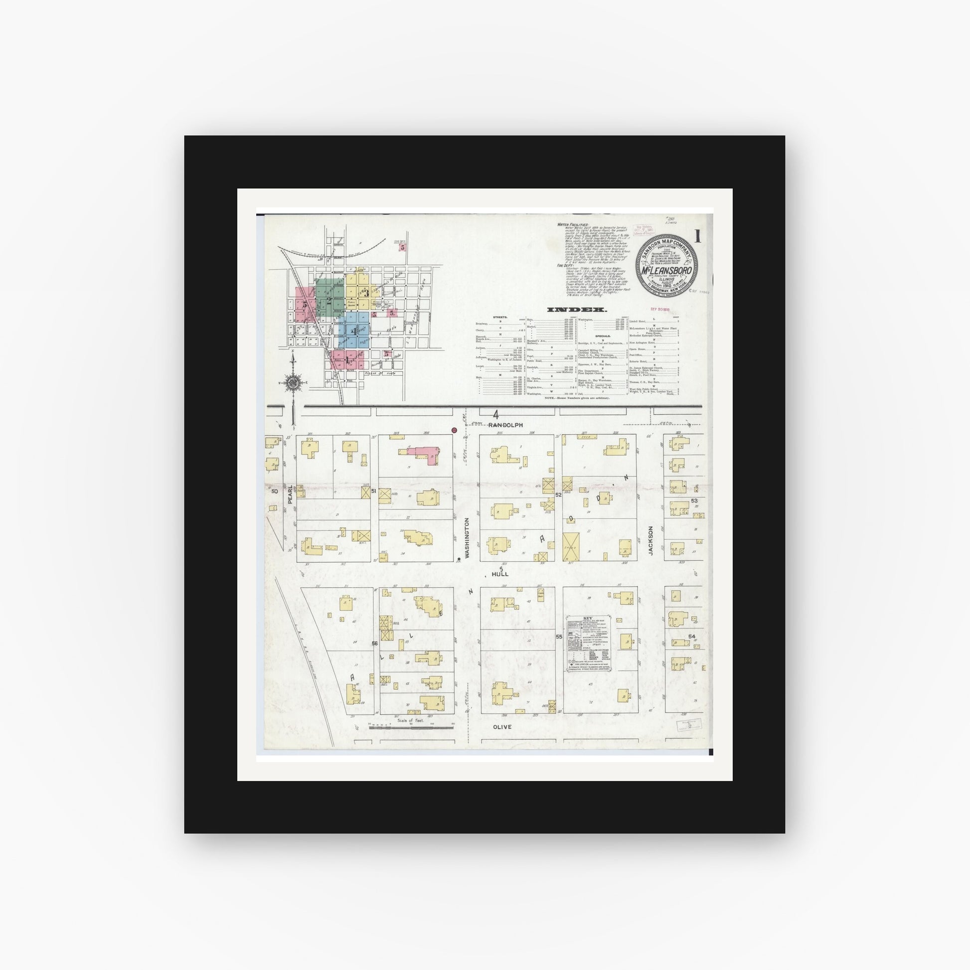 Old map wall art mockup — black gallery frame with white mat — Sanborn Fire Insurance Map from Mcleansboro, Hamilton County, Illinois (1910), Sheet #0001