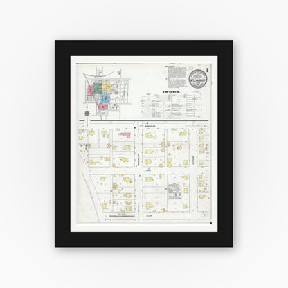 Old map wall art mockup — black gallery frame with white mat — Sanborn Fire Insurance Map from Mcleansboro, Hamilton County, Illinois (1910), Sheet #0001