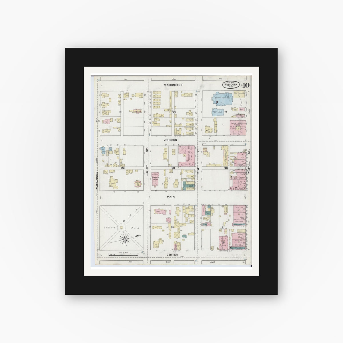 Old map wall art mockup — black gallery frame with white mat — Sanborn Fire Insurance Map from Winona, Winona County, Minnesota (1889), Sheet #0010