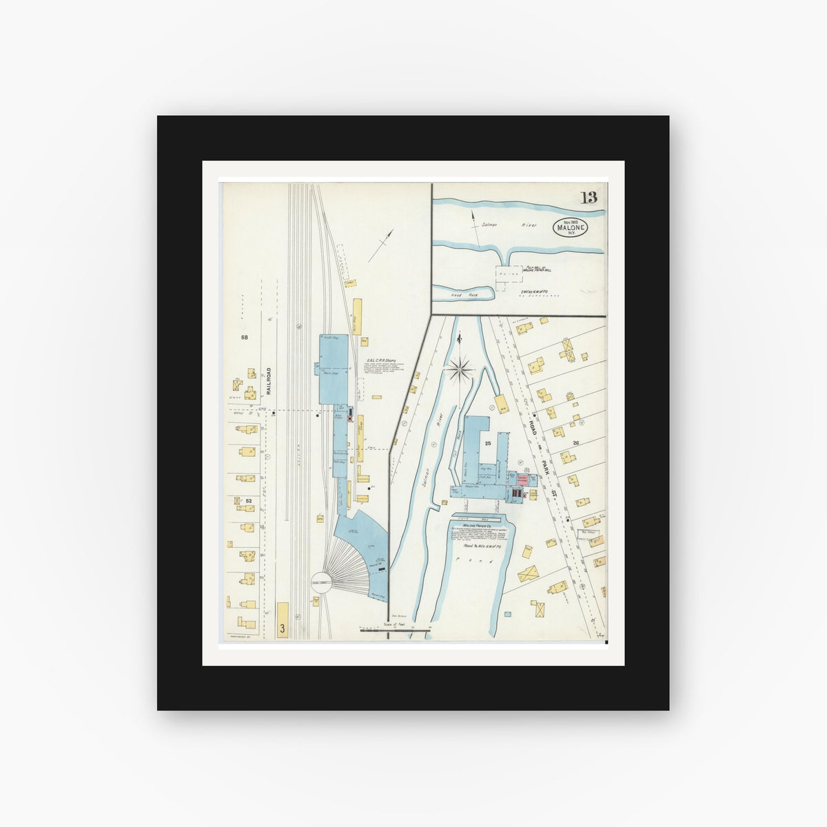Old map wall art mockup — black gallery frame with white mat — Sanborn Fire Insurance Map from Malone, Franklin County, New York (1903), Sheet #0013