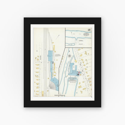 Old map wall art mockup — black gallery frame with white mat — Sanborn Fire Insurance Map from Malone, Franklin County, New York (1903), Sheet #0013