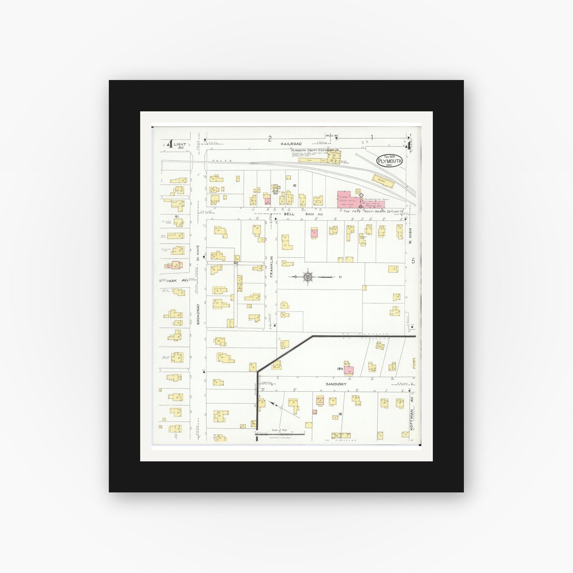 Old map wall art mockup — black gallery frame with white mat — Sanborn Fire Insurance Map from Plymouth, Huron And Richland Counties, Ohio (1924), Sheet #0004