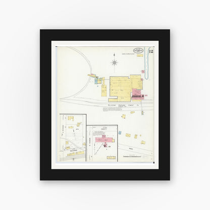 Old map wall art mockup — black gallery frame with white mat — Sanborn Fire Insurance Map from Coldwater, Branch County, Michigan (1908), Sheet #0012