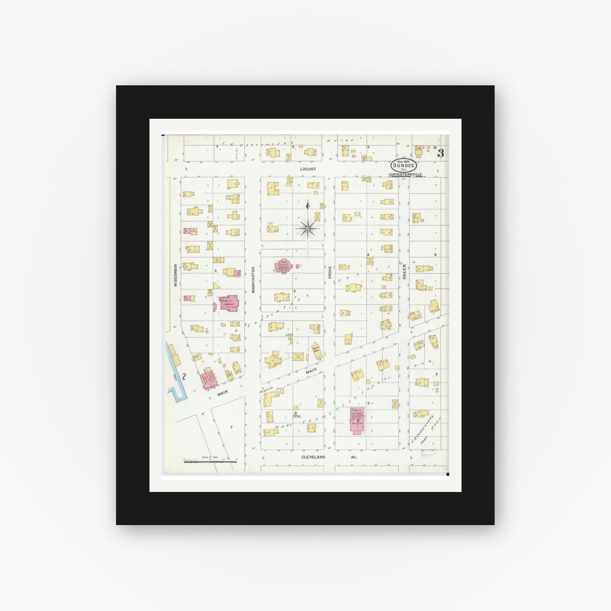 Old map wall art mockup — black gallery frame with white mat — Sanborn Fire Insurance Map from Dundee, Kane County, Illinois (1905), Sheet #0003