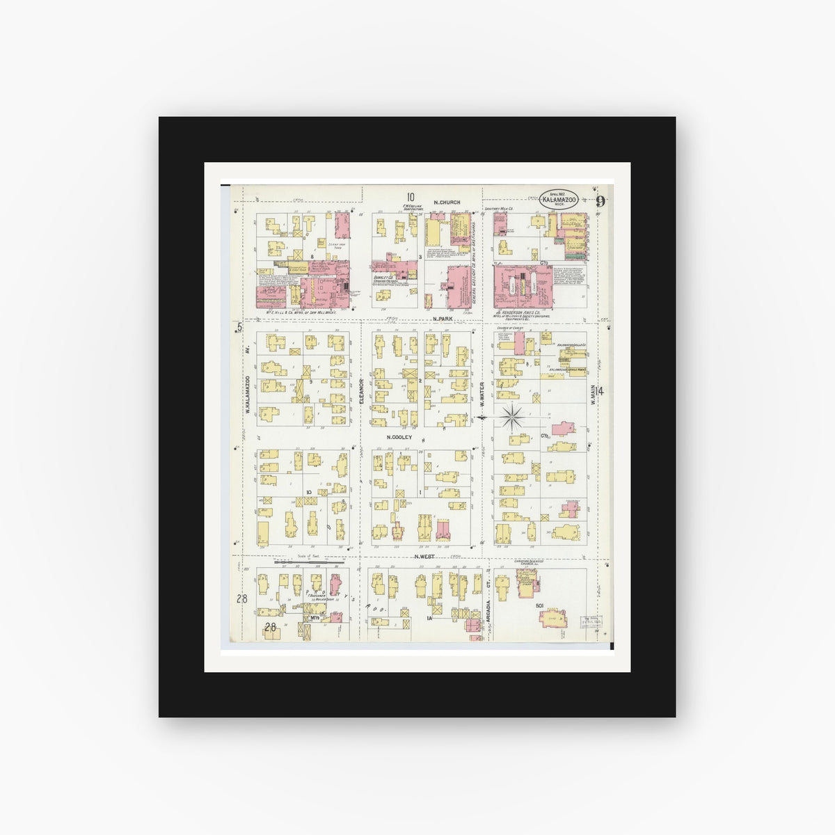 Old map wall art mockup — black gallery frame with white mat — Sanborn Fire Insurance Map from Kalamazoo, Kalamazoo County, Michigan (1902), Sheet #0009