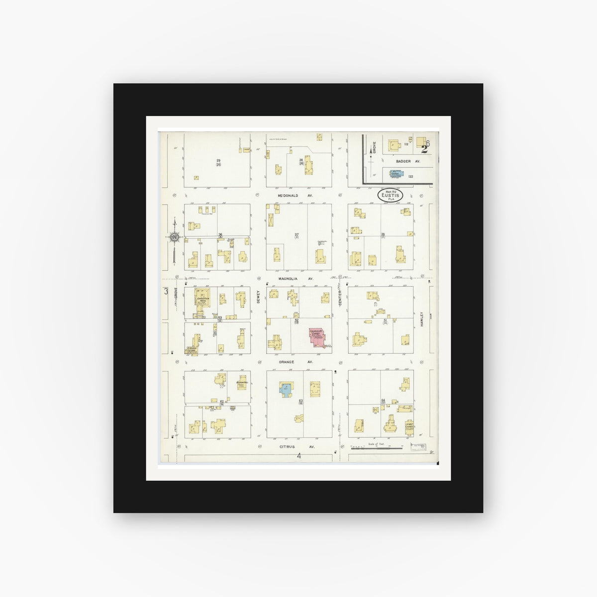 Old map wall art mockup — black gallery frame with white mat — Sanborn Fire Insurance Map from Eustis, Lake County, Florida (1912), Sheet #0002