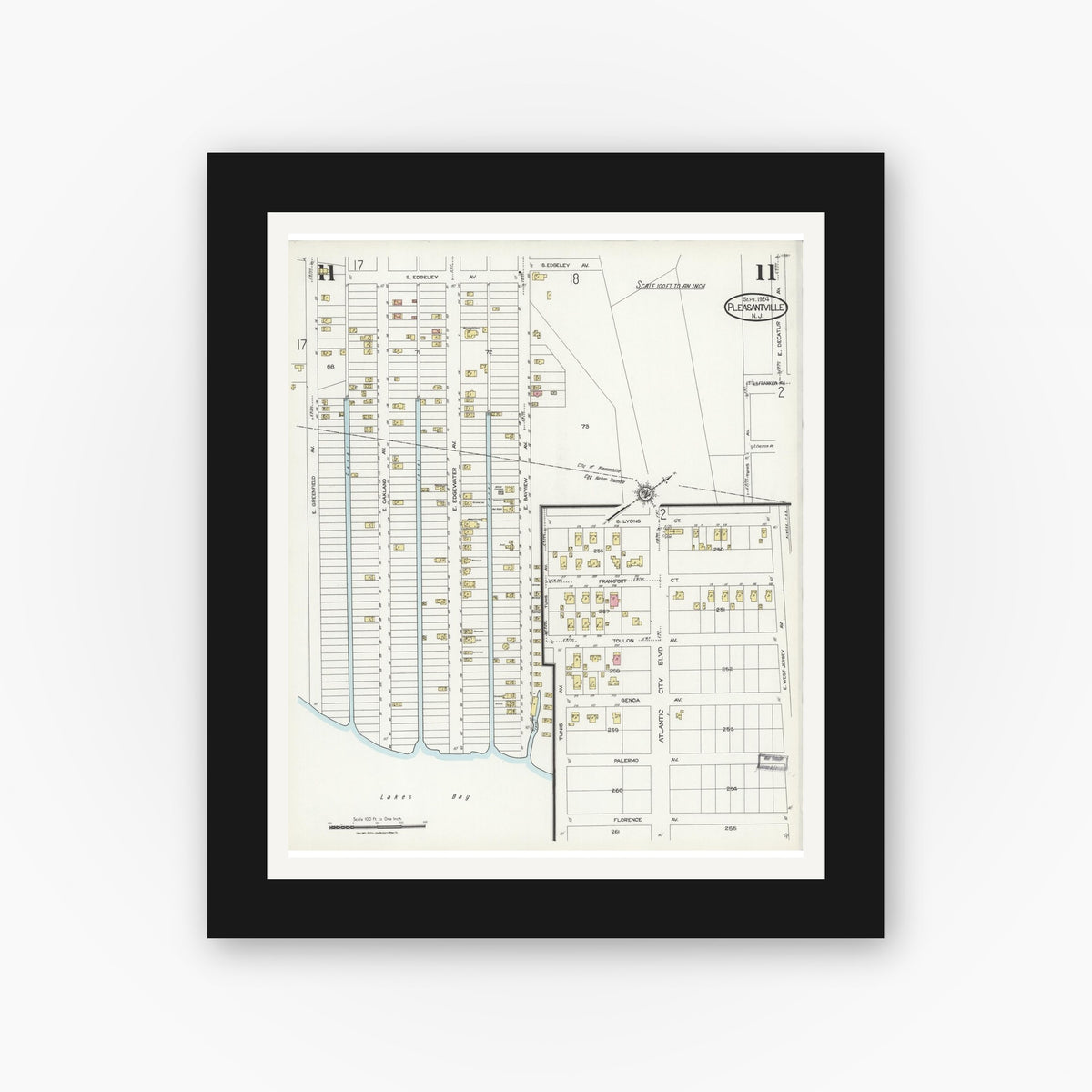 Old map wall art mockup — black gallery frame with white mat — Sanborn Fire Insurance Map from Pleasantville, Atlantic County, New Jersey (1924), Sheet #0011