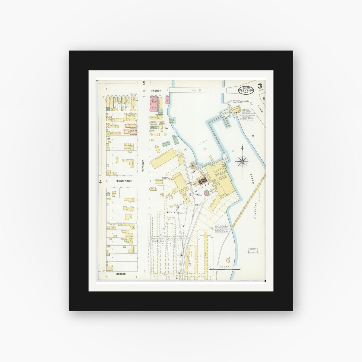 Old map wall art mockup — black gallery frame with white mat — Sanborn Fire Insurance Map from Peshtigo, Marinette County, Wisconsin (1904), Sheet #0003