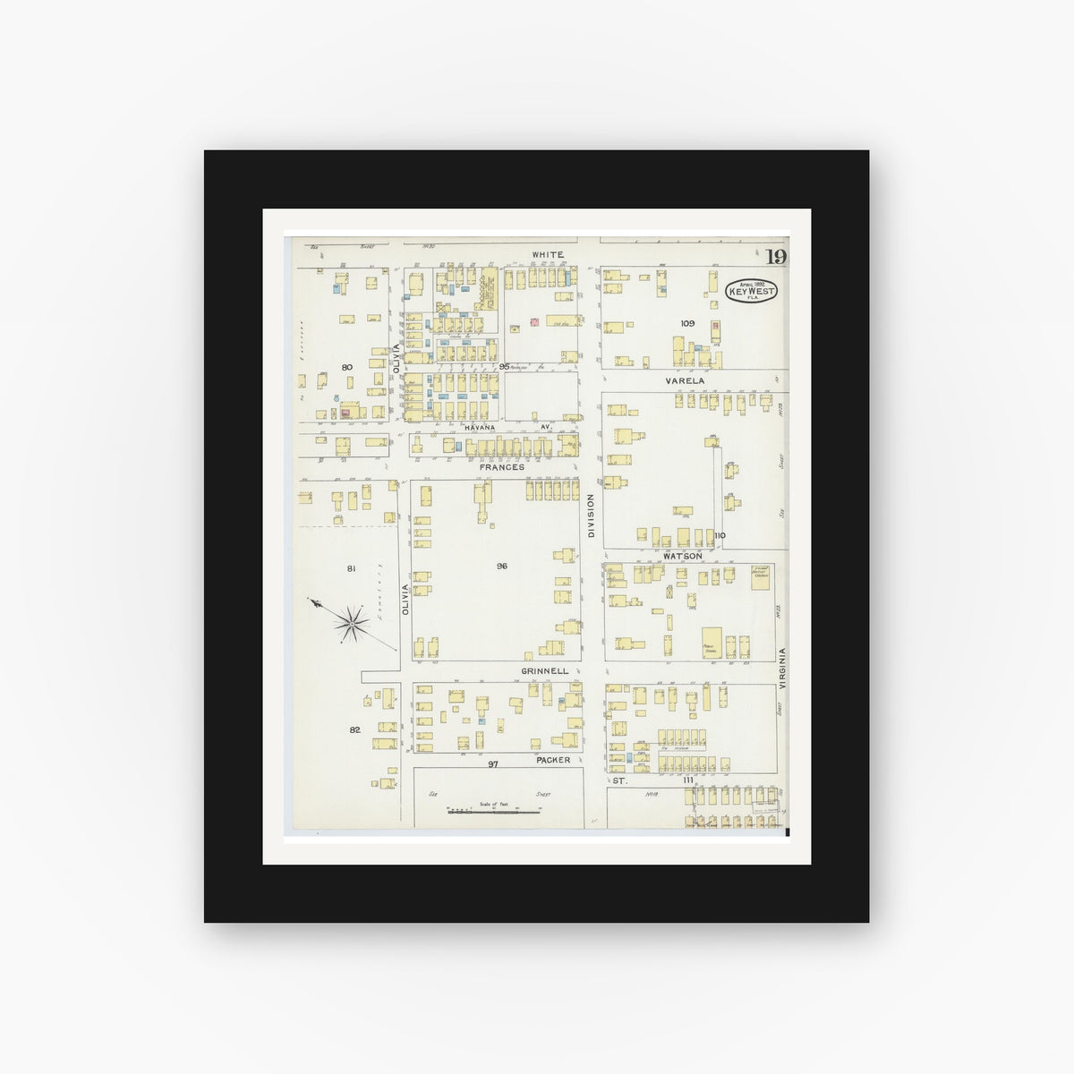Old map wall art mockup — black gallery frame with white mat — Sanborn Fire Insurance Map from Key West, Monroe County, Florida (1892), Sheet #0019