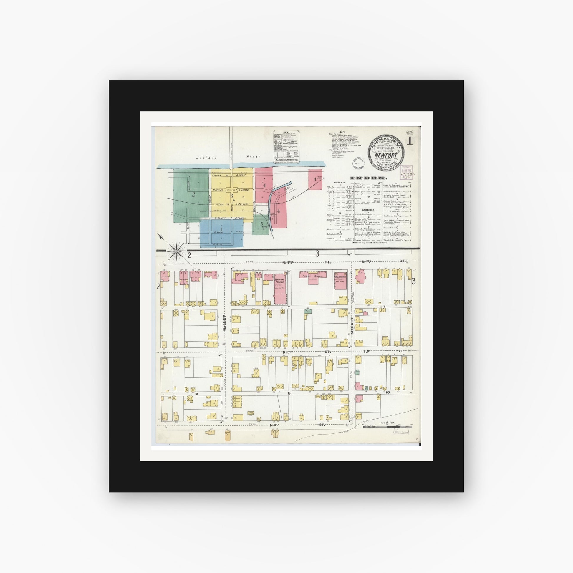 Old map wall art mockup — black gallery frame with white mat — Sanborn Fire Insurance Map from Newport, Perry County, Pennsylvania (1902) - Complete Map Set