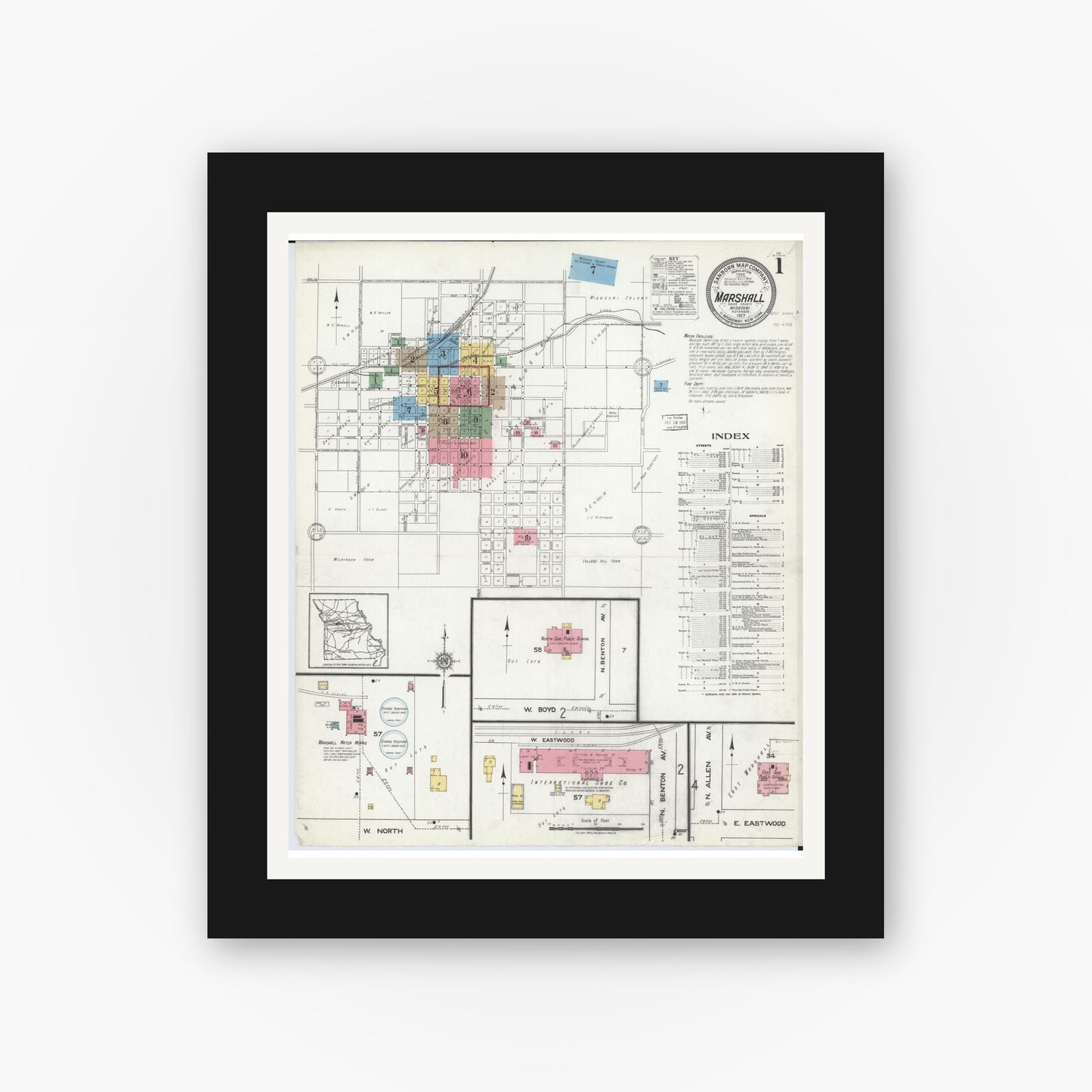Old map wall art mockup — black gallery frame with white mat — Sanborn Fire Insurance Map from Marshall, Saline County, Missouri (1917), Sheet #0001