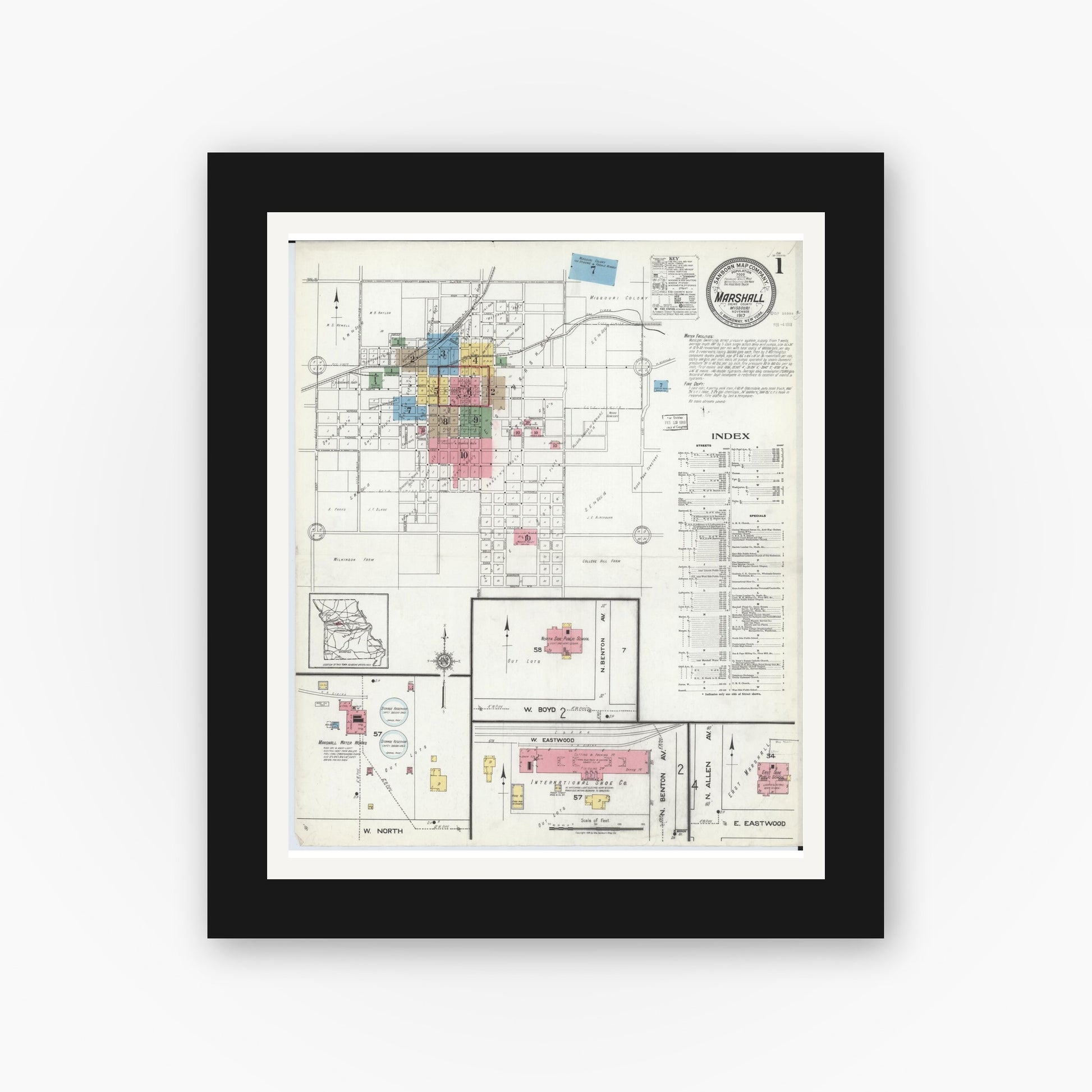 Old map wall art mockup — black gallery frame with white mat — Sanborn Fire Insurance Map from Marshall, Saline County, Missouri (1917), Sheet #0001