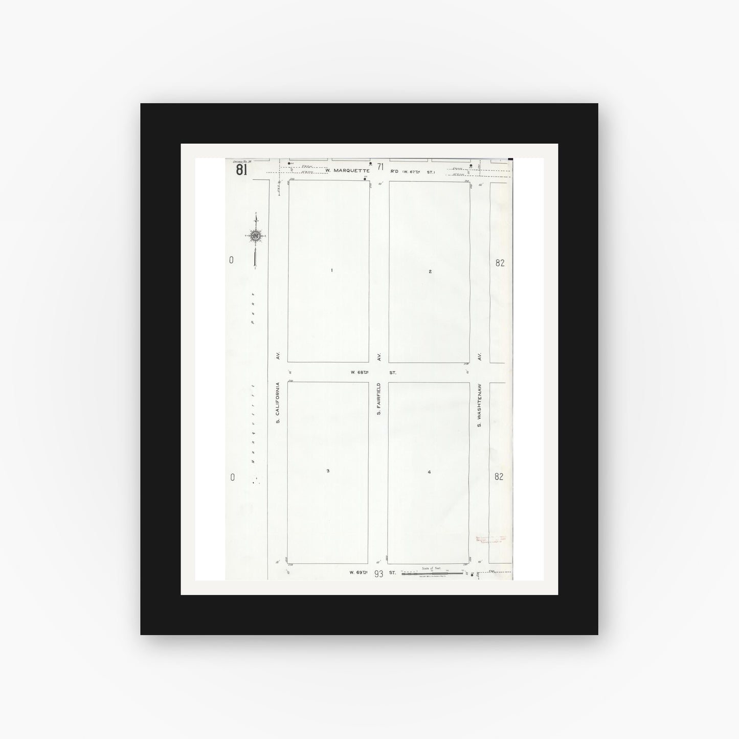 Old map wall art mockup — black gallery frame with white mat — Sanborn Fire Insurance Map from Chicago, Cook County, Illinois (1920), Sheet #0081