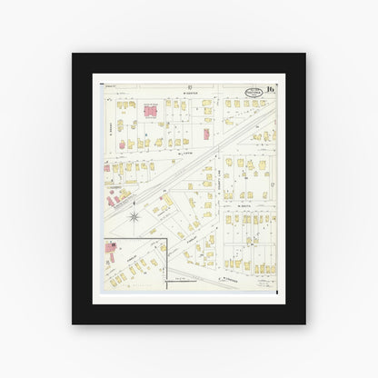 Old map wall art mockup — black gallery frame with white mat — Sanborn Fire Insurance Map from Fostoria, Seneca, Hancock, And Wood Counties, Ohio (1908), Sheet #0016