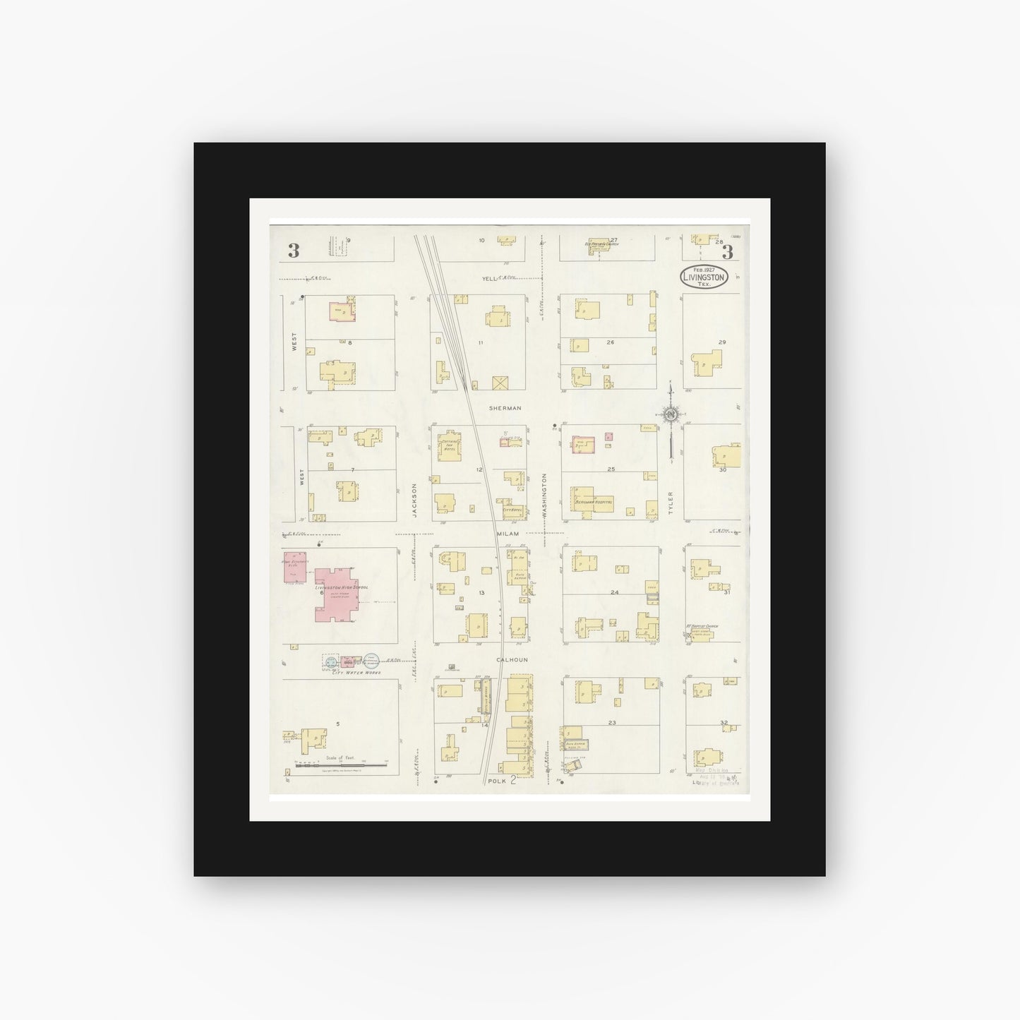 Old map wall art mockup — black gallery frame with white mat — Sanborn Fire Insurance Map from Livingston, Polk County, Texas (1927), Sheet #0003